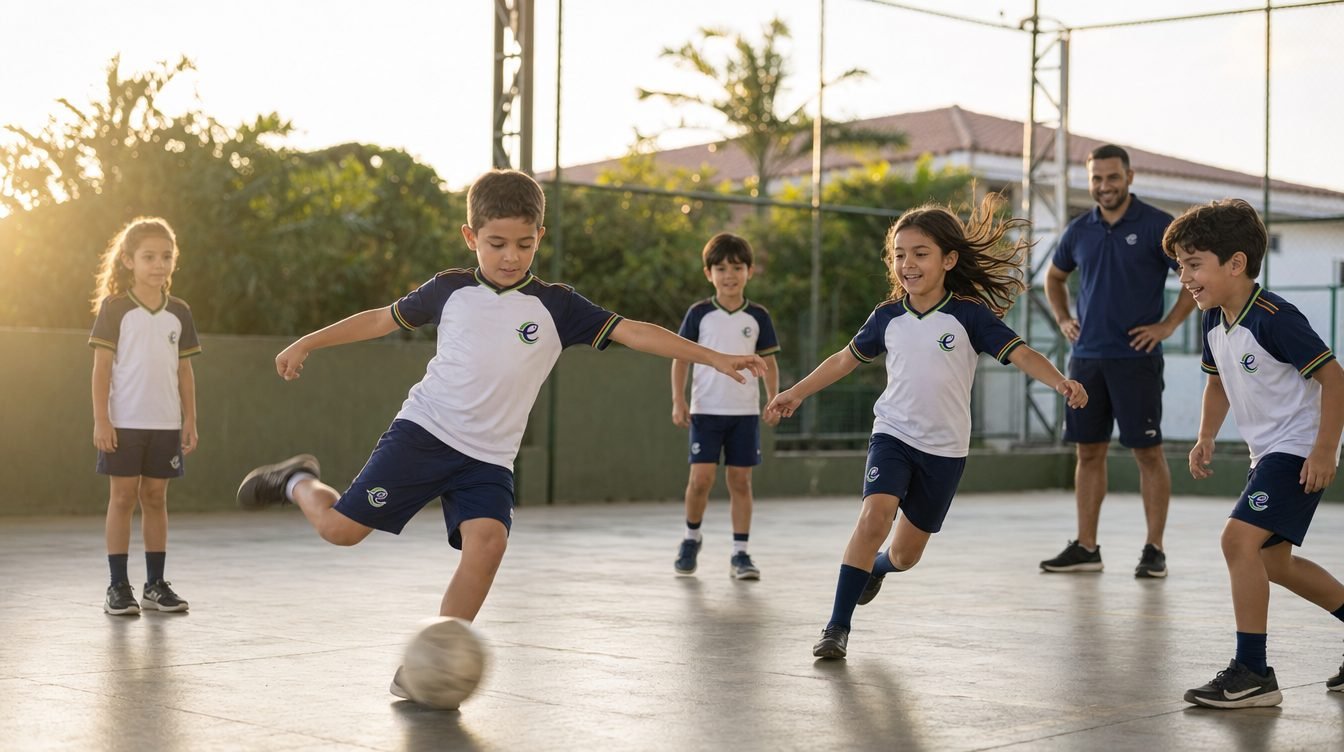 Crianças praticando esportes na quadra