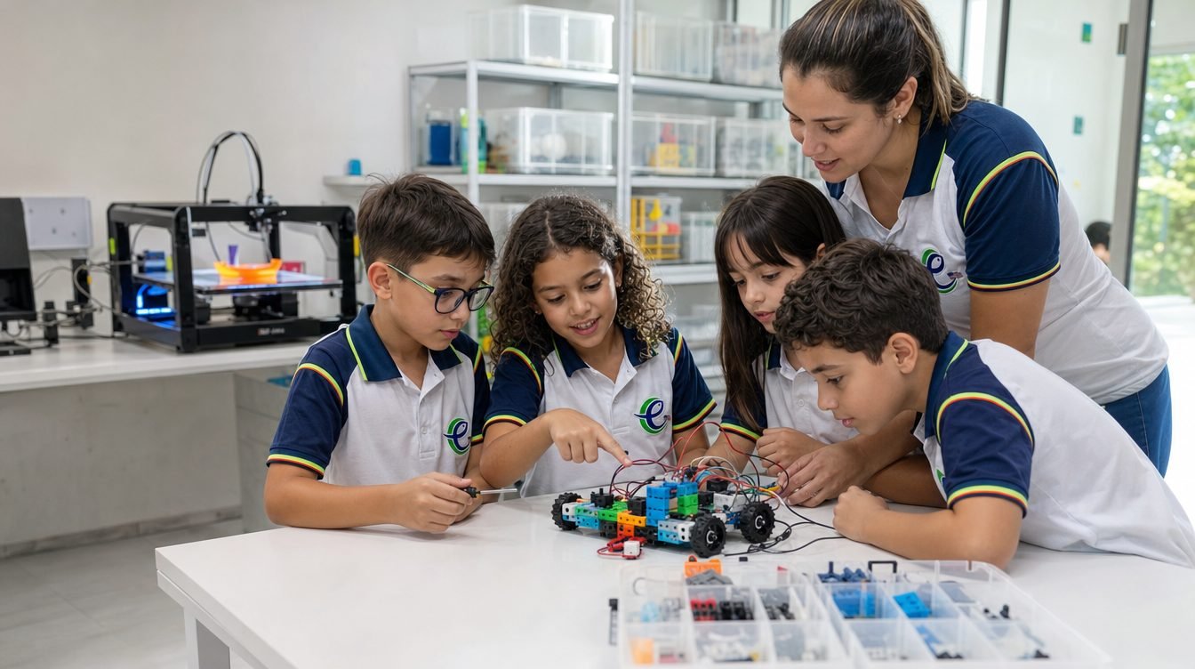 Crianças montando um robô no Robótica Maker