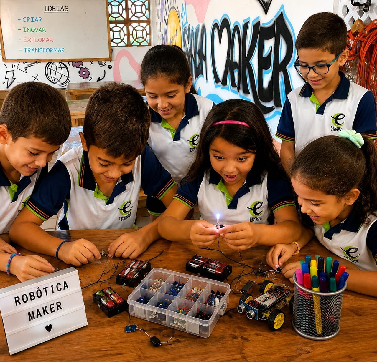 Alunos do Fundamental I acendendo um LED na aula de Robotica Maker